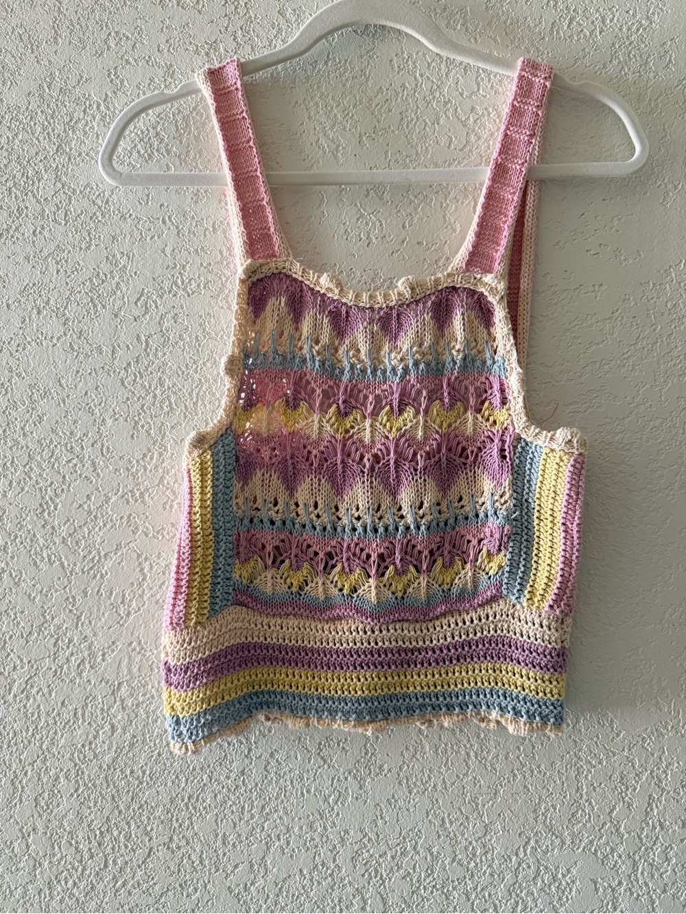 ZARA Crochet Pastel Rainbow Cropped Sleeves Boho 100% Cotton Knit Tank Top Sz M